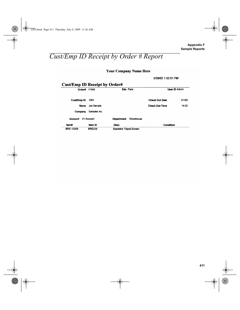 Cust/emp id receipt by order # report, Cust/emp id receipt by order # report 411 | IntelliTrack Check In/Out User Manual | Page 439 / 474