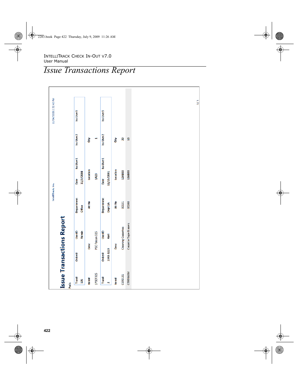 Issue transactions report, Issue transactions report 422 | IntelliTrack Check In/Out User Manual | Page 450 / 474