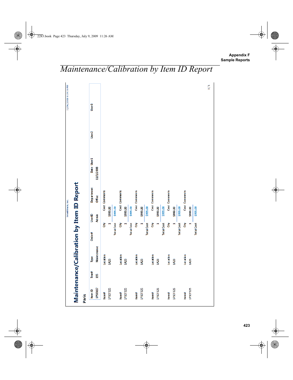 Maintenance/calibration by item id report, Maintenance/calibration by item id report 423 | IntelliTrack Check In/Out User Manual | Page 451 / 474