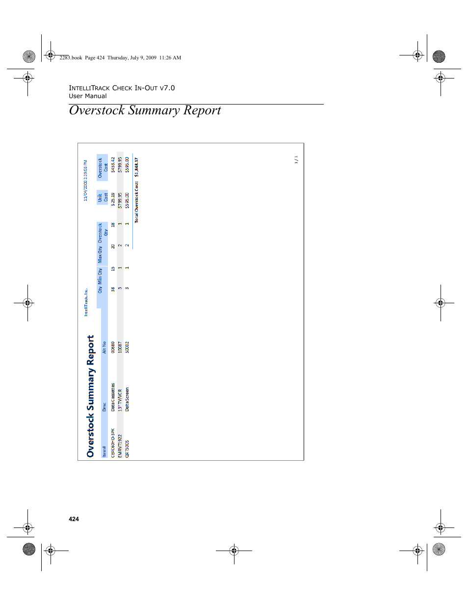 Overstock summary report, Overstock summary report 424 | IntelliTrack Check In/Out User Manual | Page 452 / 474