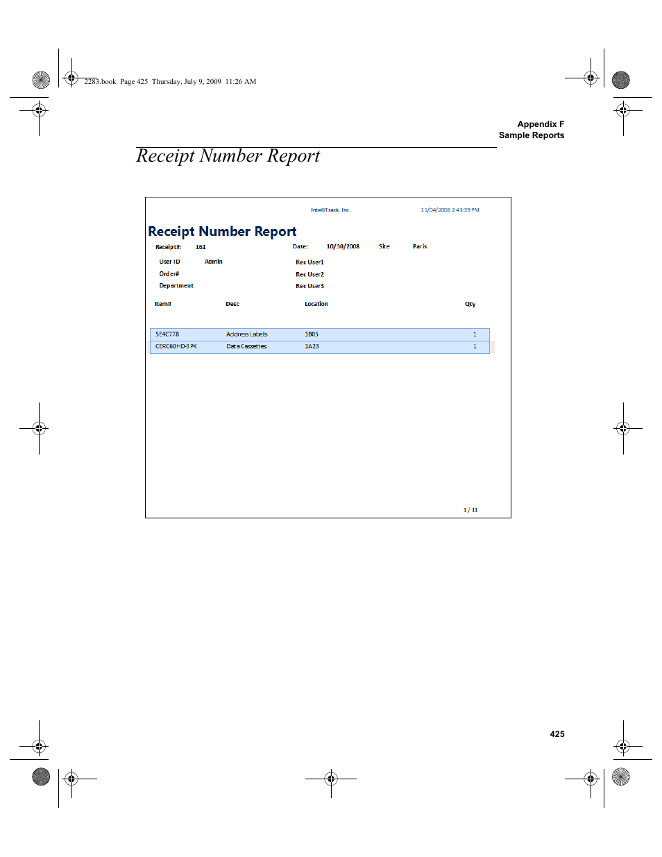 Receipt number report, Receipt number report 425 | IntelliTrack Check In/Out User Manual | Page 453 / 474