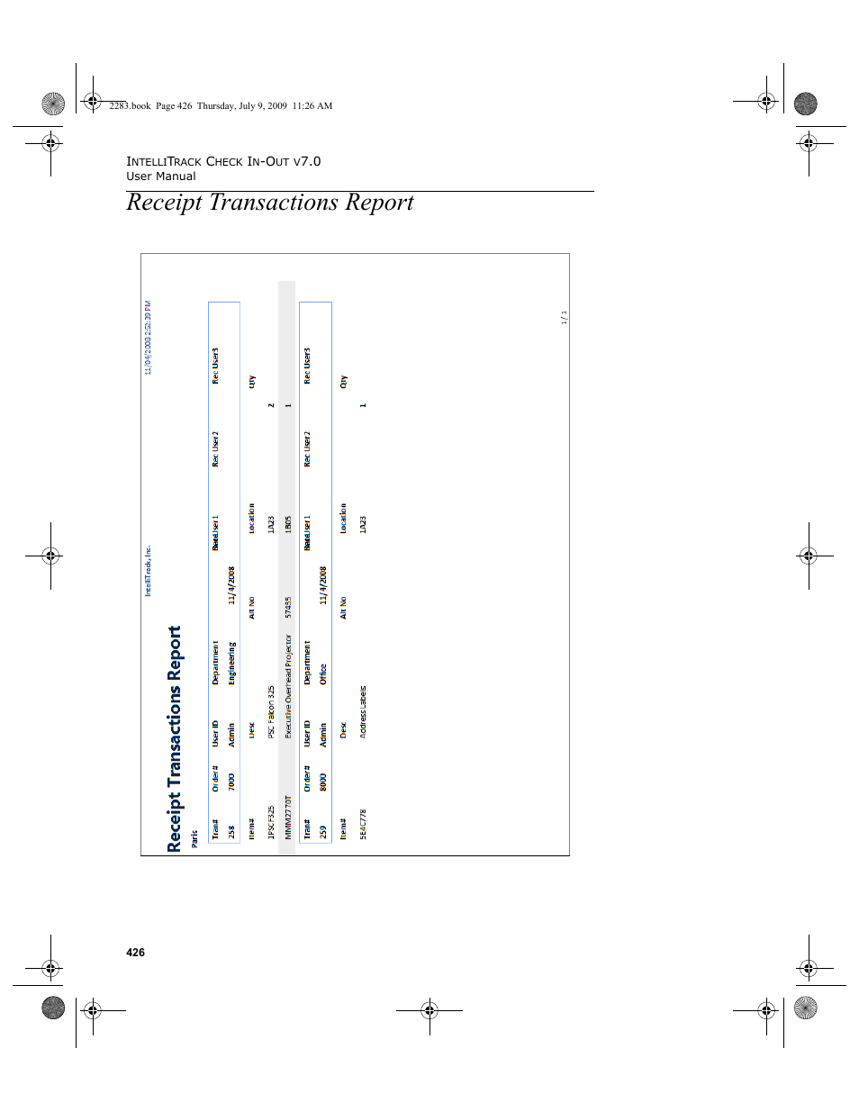 Receipt transactions report, Receipt transactions report 426 | IntelliTrack Check In/Out User Manual | Page 454 / 474