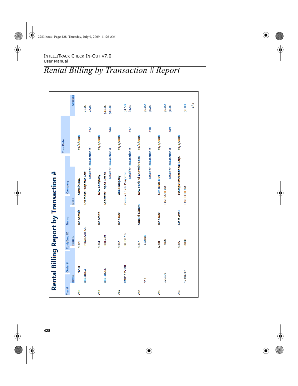 Rental billing by transaction # report, Rental billing by transaction # report 428 | IntelliTrack Check In/Out User Manual | Page 456 / 474