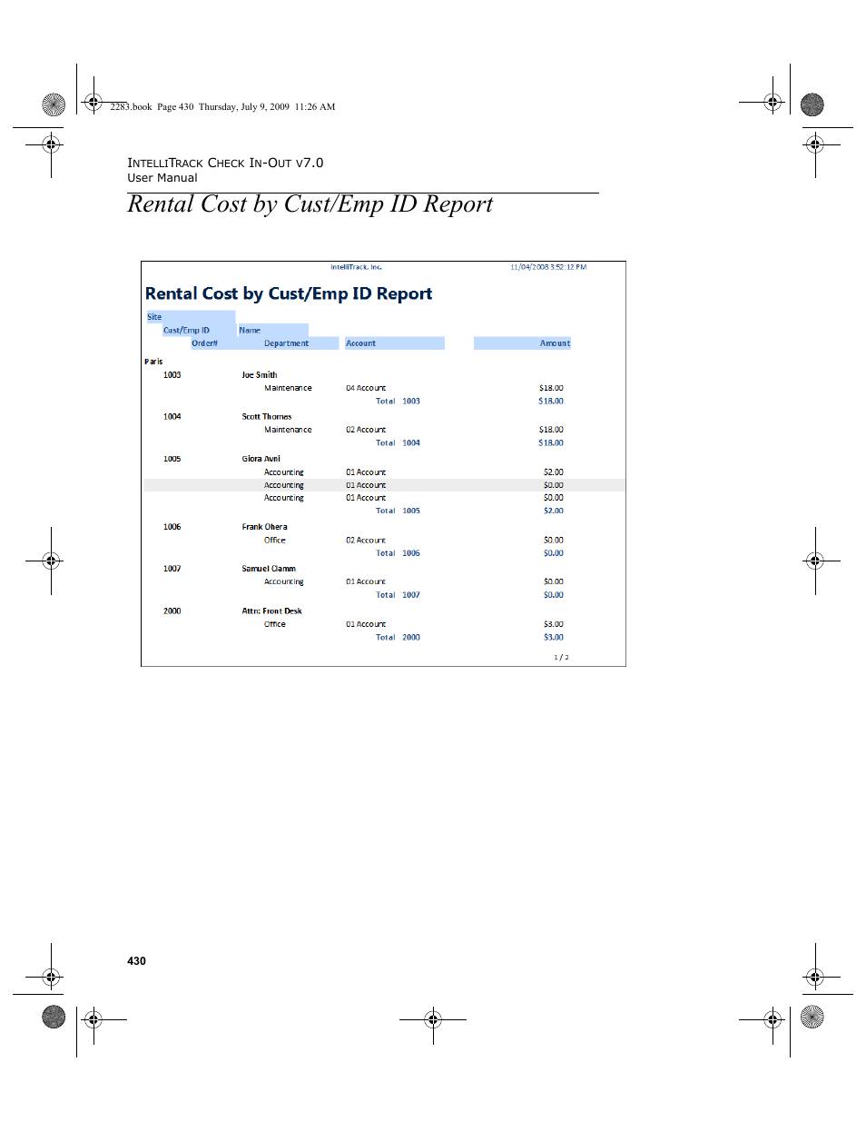 Rental cost by cust/emp id report, Rental cost by cust/emp id report 430 | IntelliTrack Check In/Out User Manual | Page 458 / 474