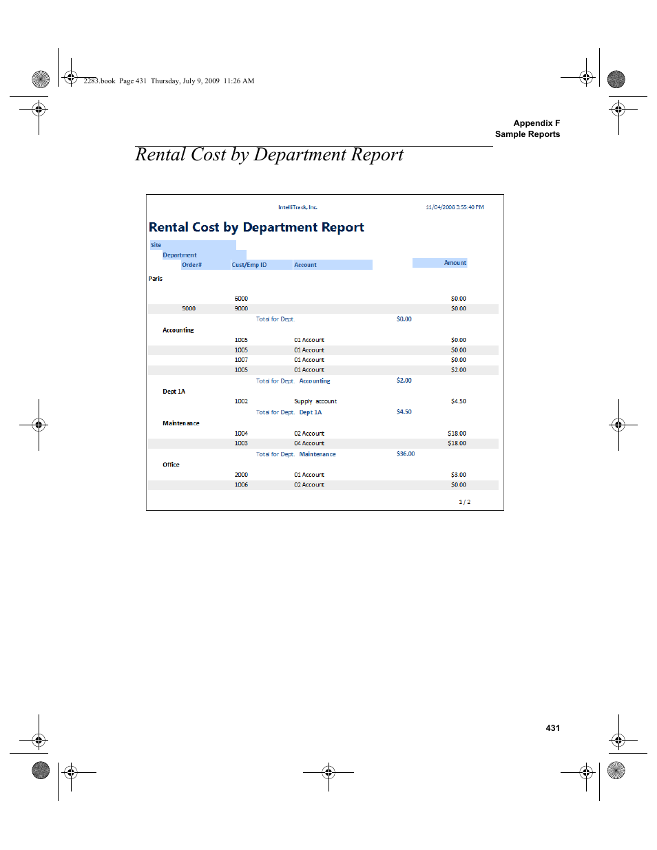 Rental cost by department report, Rental cost by department report 431 | IntelliTrack Check In/Out User Manual | Page 459 / 474