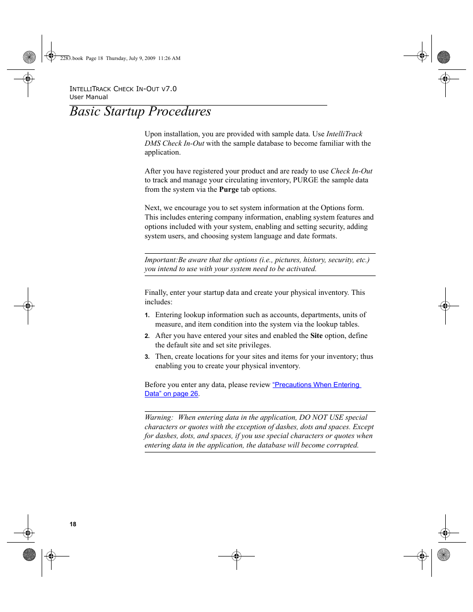 Basic startup procedures, Basic startup procedures 18 | IntelliTrack Check In/Out User Manual | Page 46 / 474