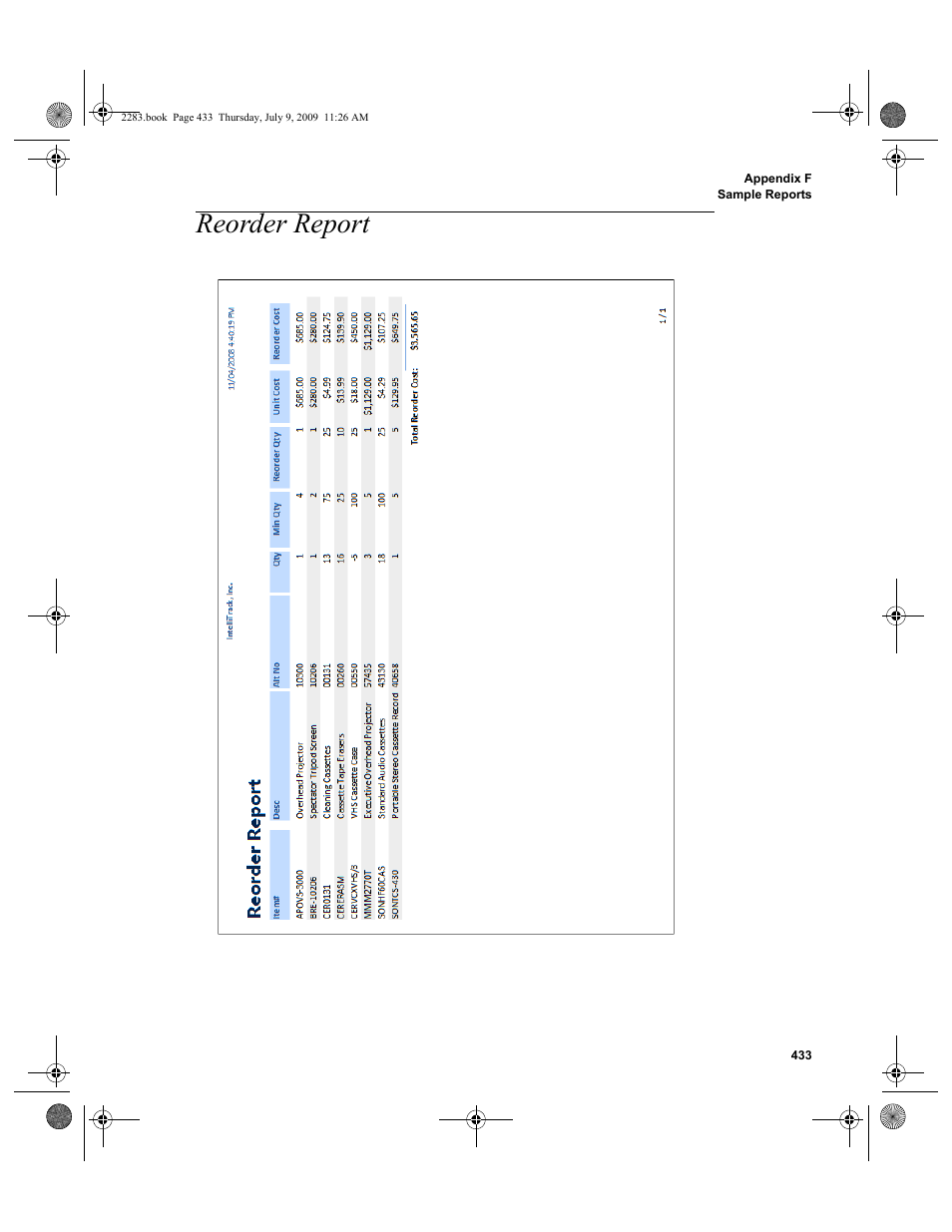 Reorder report, Reorder report 433 | IntelliTrack Check In/Out User Manual | Page 461 / 474