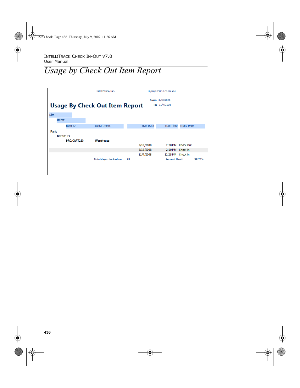 Usage by check out item report, Usage by check out item report 436 | IntelliTrack Check In/Out User Manual | Page 464 / 474