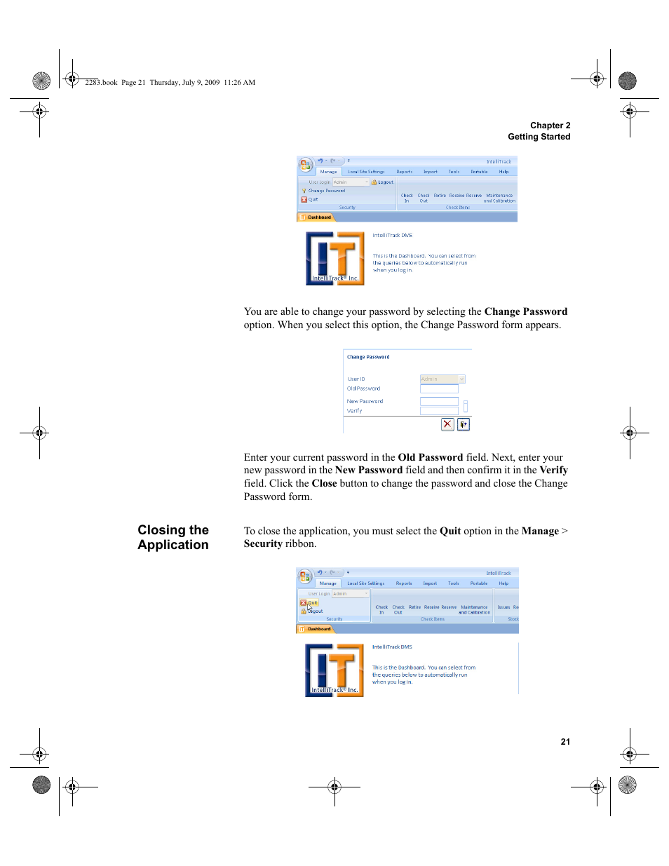 Closing the application, Closing the application 21 | IntelliTrack Check In/Out User Manual | Page 49 / 474