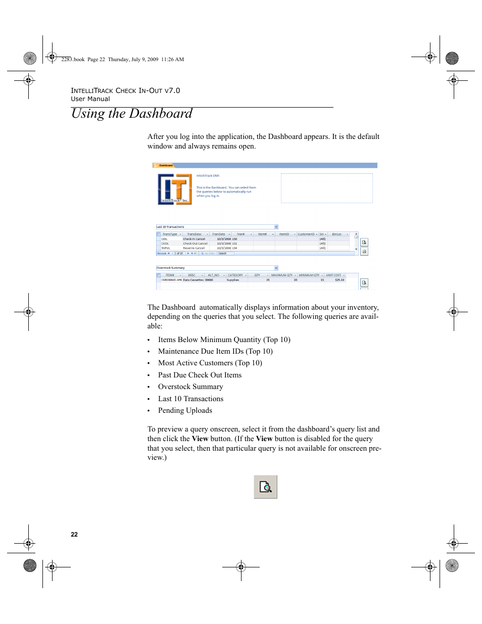 Using the dashboard, Using the dashboard 22 | IntelliTrack Check In/Out User Manual | Page 50 / 474