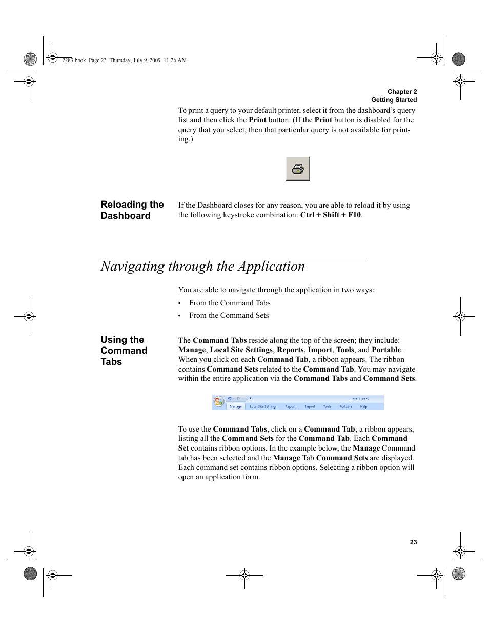 Reloading the dashboard, Navigating through the application, Using the command tabs | Reloading the dashboard 23, Navigating through the application 23, Using the command tabs 23 | IntelliTrack Check In/Out User Manual | Page 51 / 474