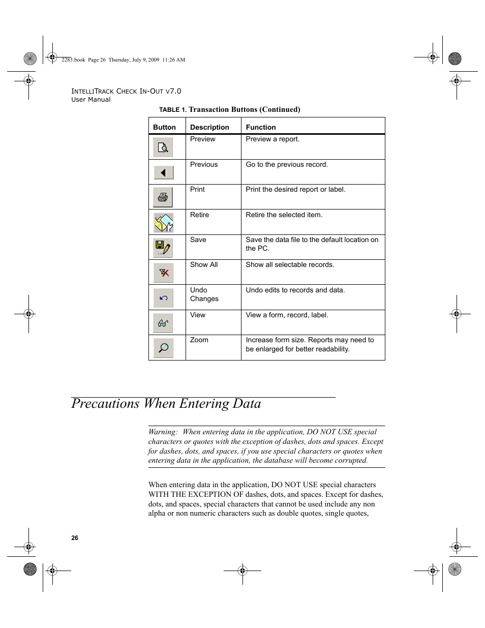Precautions when entering data, Precautions when entering data 26 | IntelliTrack Check In/Out User Manual | Page 54 / 474
