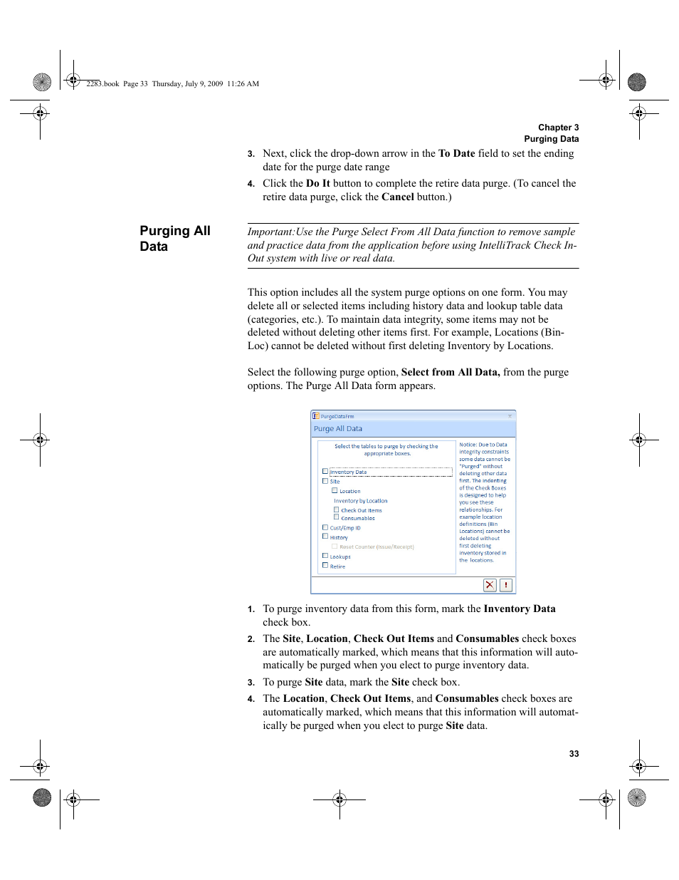 Purging all data, Purging all data 33 | IntelliTrack Check In/Out User Manual | Page 61 / 474