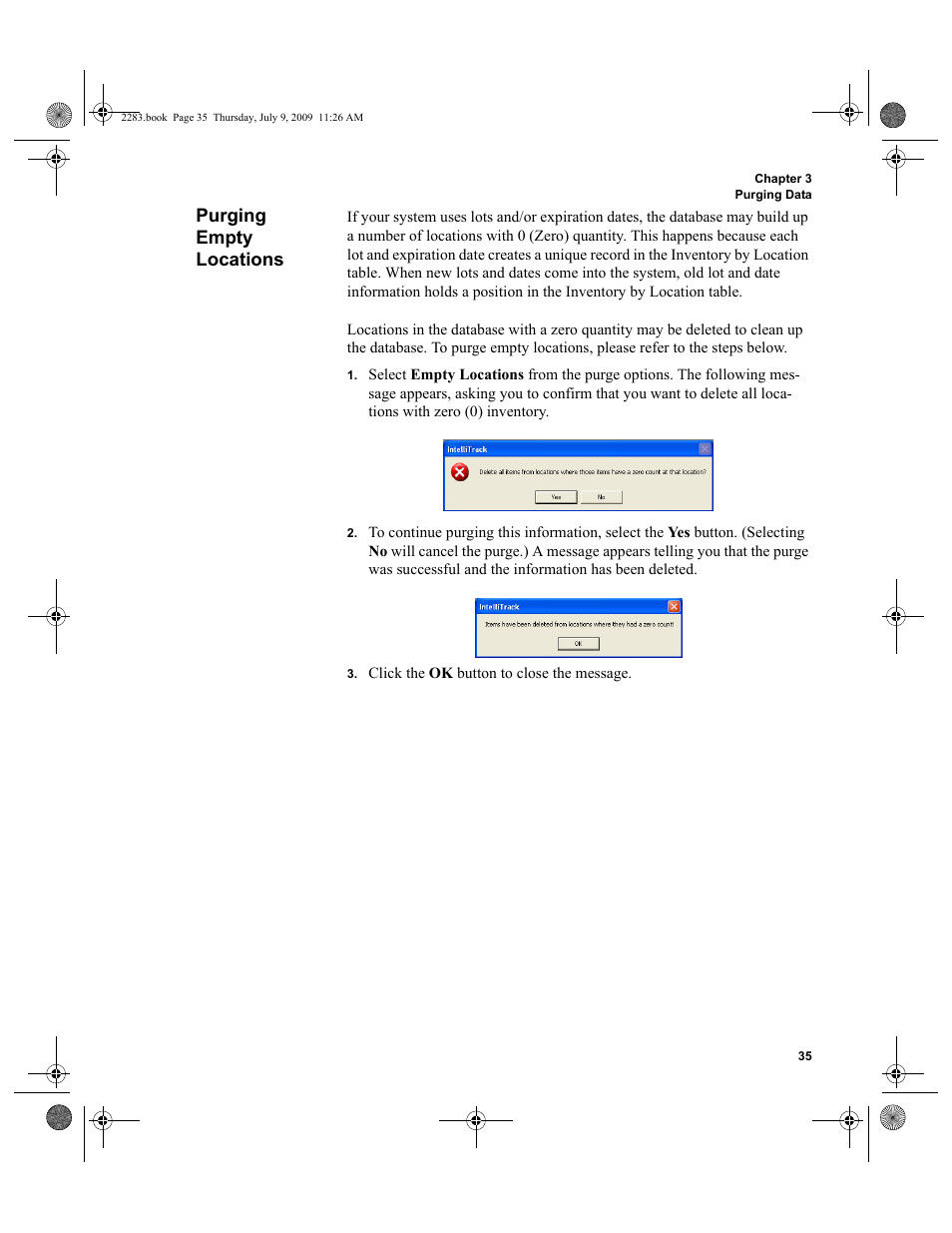 Purging empty locations, Purging empty locations 35 | IntelliTrack Check In/Out User Manual | Page 63 / 474