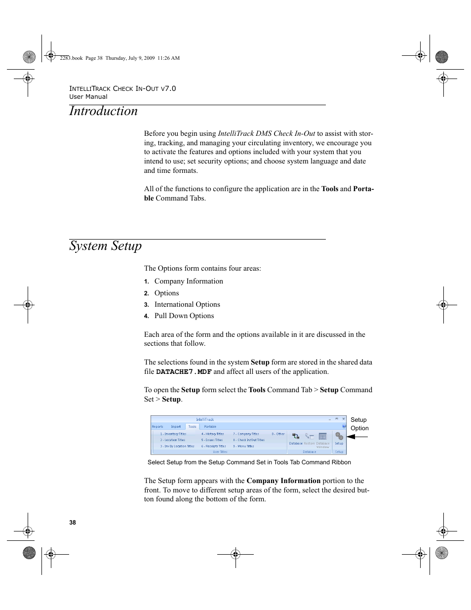 Introduction, System setup, Introduction system setup | Introduction 38, System setup 38 | IntelliTrack Check In/Out User Manual | Page 66 / 474