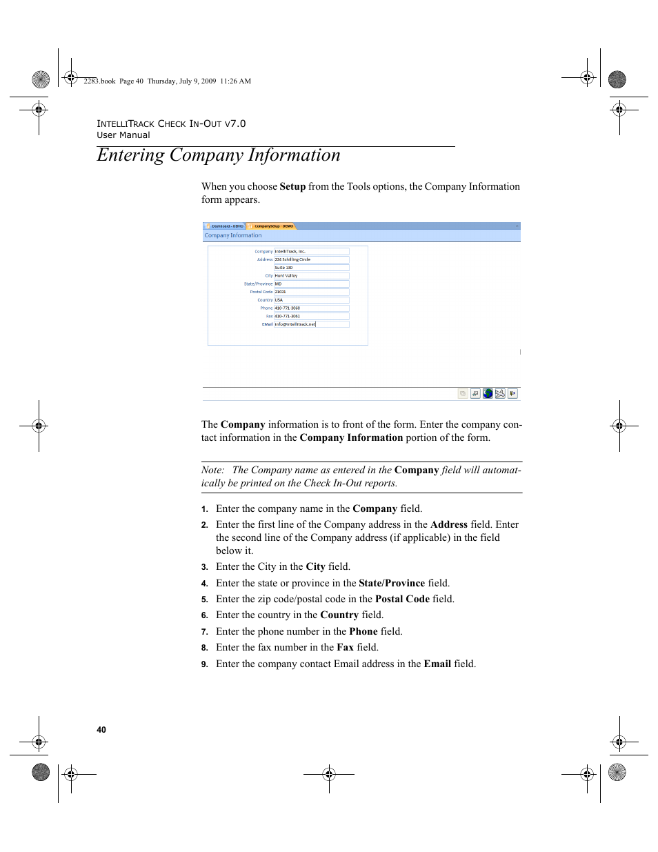 Entering company information, Entering company information 40 | IntelliTrack Check In/Out User Manual | Page 68 / 474