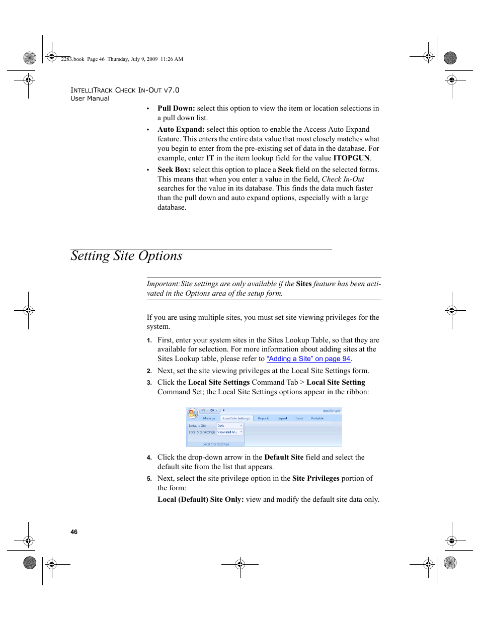 Setting site options, Setting site options 46 | IntelliTrack Check In/Out User Manual | Page 74 / 474