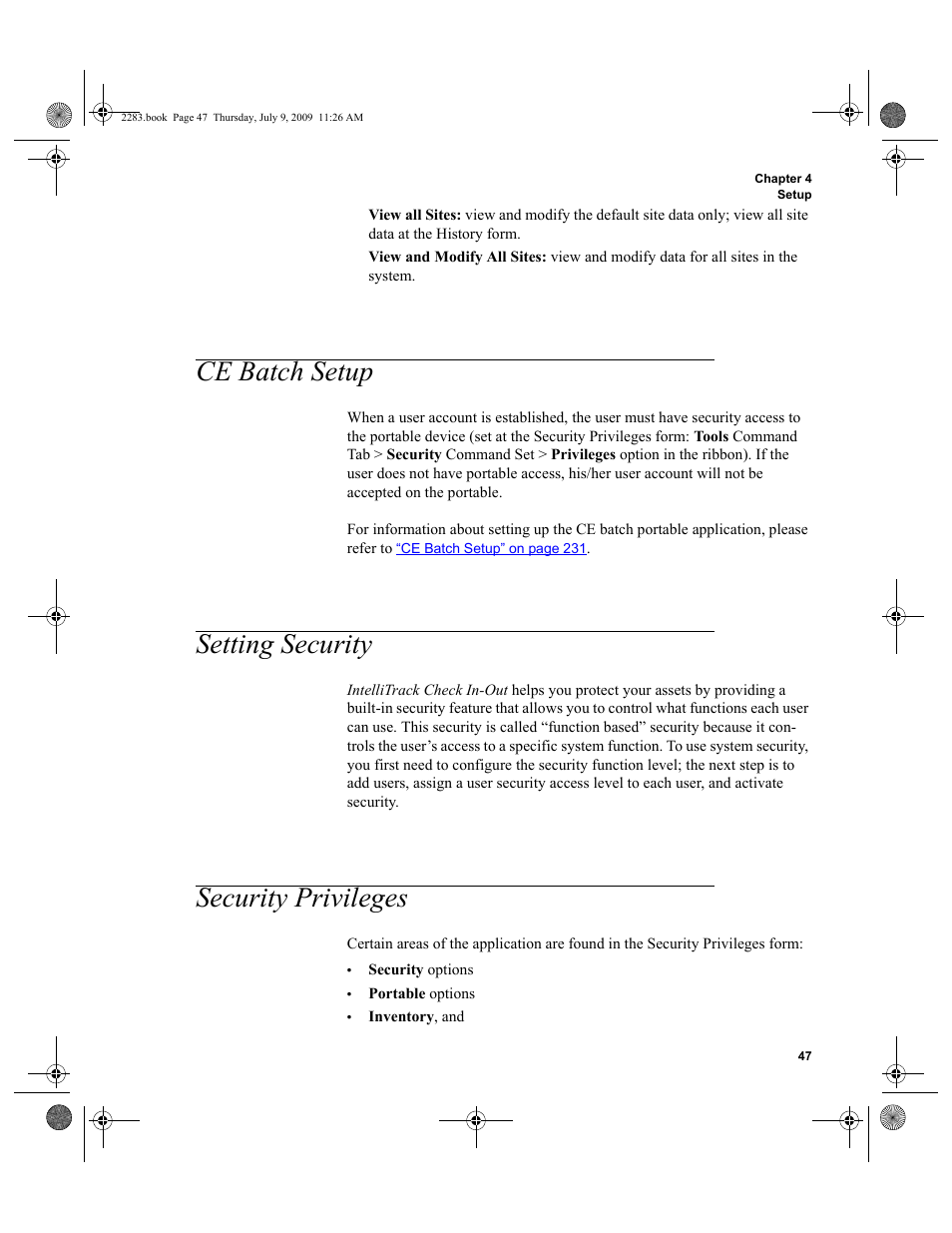 Ce batch setup, Setting security, Security privileges | Ce batch setup 47, Setting security 47, Security privileges 47 | IntelliTrack Check In/Out User Manual | Page 75 / 474