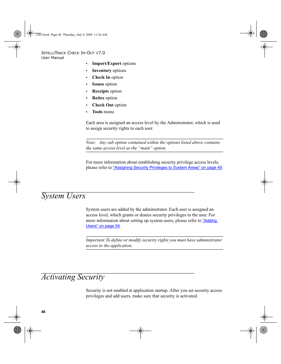 System users, Activating security, System users activating security | System users 48, Activating security 48 | IntelliTrack Check In/Out User Manual | Page 76 / 474