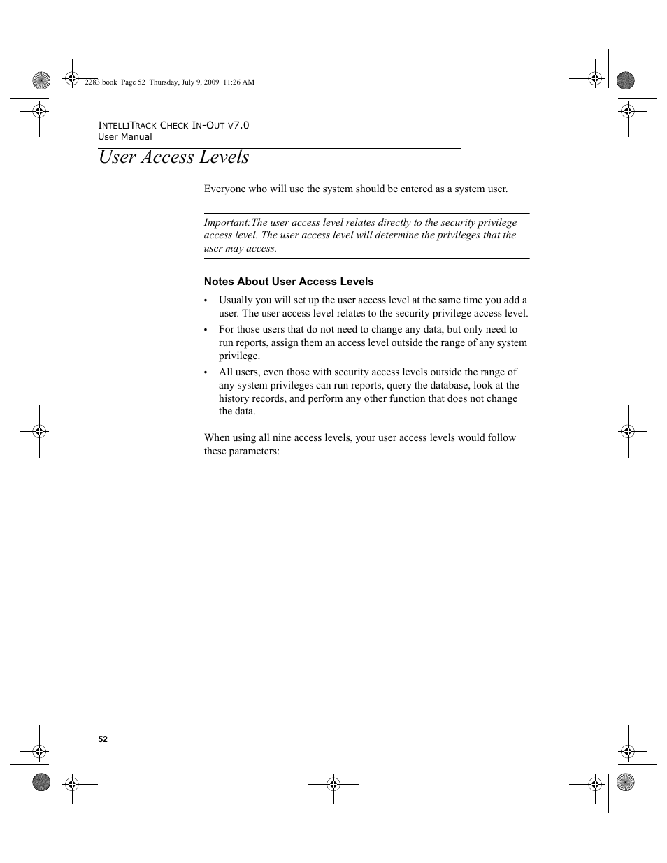 User access levels, User access levels 52 | IntelliTrack Check In/Out User Manual | Page 80 / 474