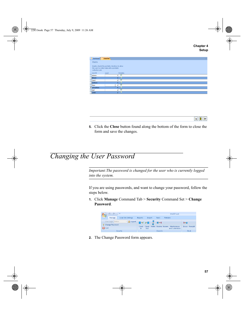 Changing the user password, Changing the user password 57 | IntelliTrack Check In/Out User Manual | Page 85 / 474