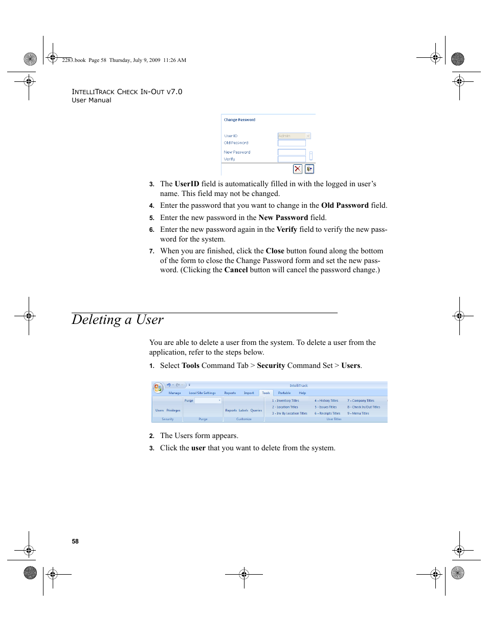 Deleting a user, Deleting a user 58 | IntelliTrack Check In/Out User Manual | Page 86 / 474