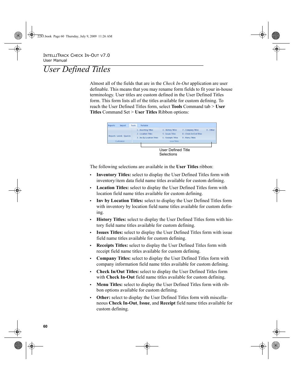 User defined titles, User defined titles 60 | IntelliTrack Check In/Out User Manual | Page 88 / 474