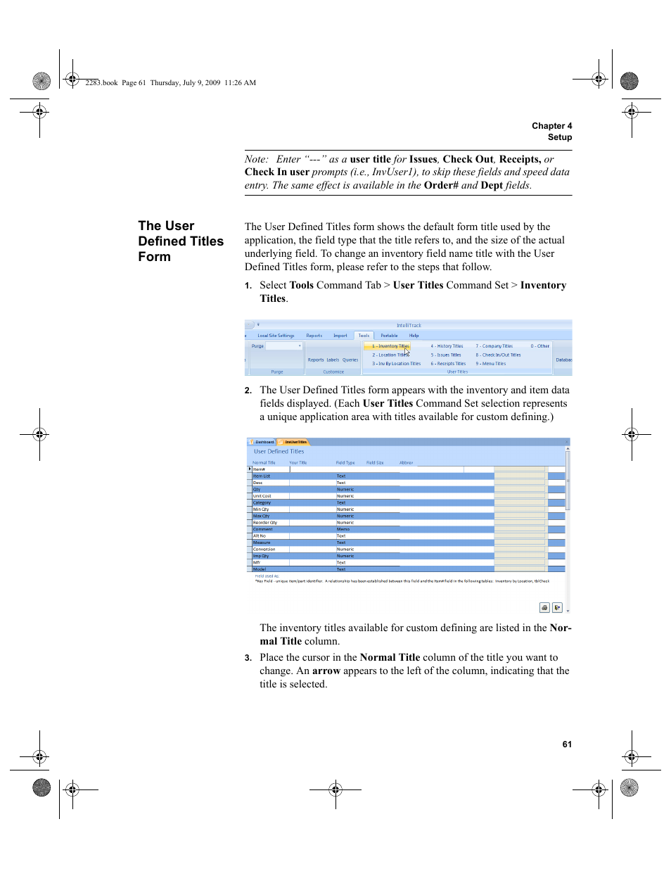 The user defined titles form, The user defined titles form 61 | IntelliTrack Check In/Out User Manual | Page 89 / 474