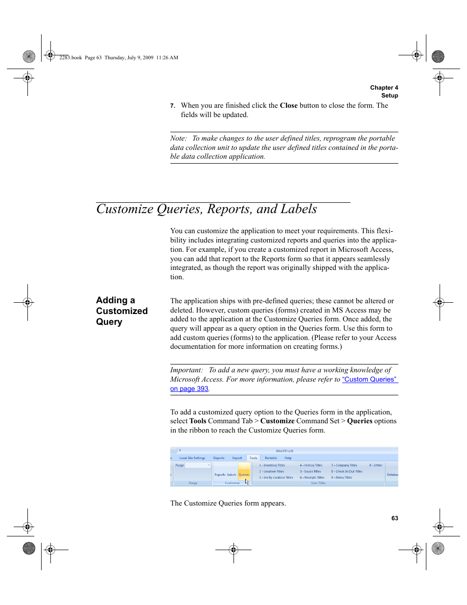 Customize queries, reports, and labels, Adding a customized query, Customize queries, reports, and labels 63 | Adding a customized query 63 | IntelliTrack Check In/Out User Manual | Page 91 / 474