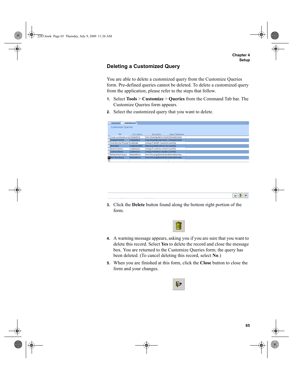 Deleting a customized query | IntelliTrack Check In/Out User Manual | Page 93 / 474