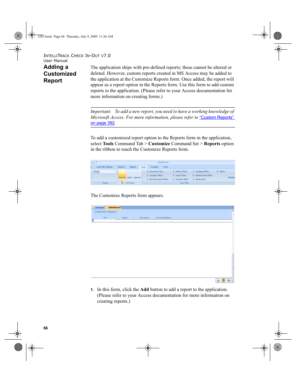 Adding a customized report, Adding a customized report 66 | IntelliTrack Check In/Out User Manual | Page 94 / 474