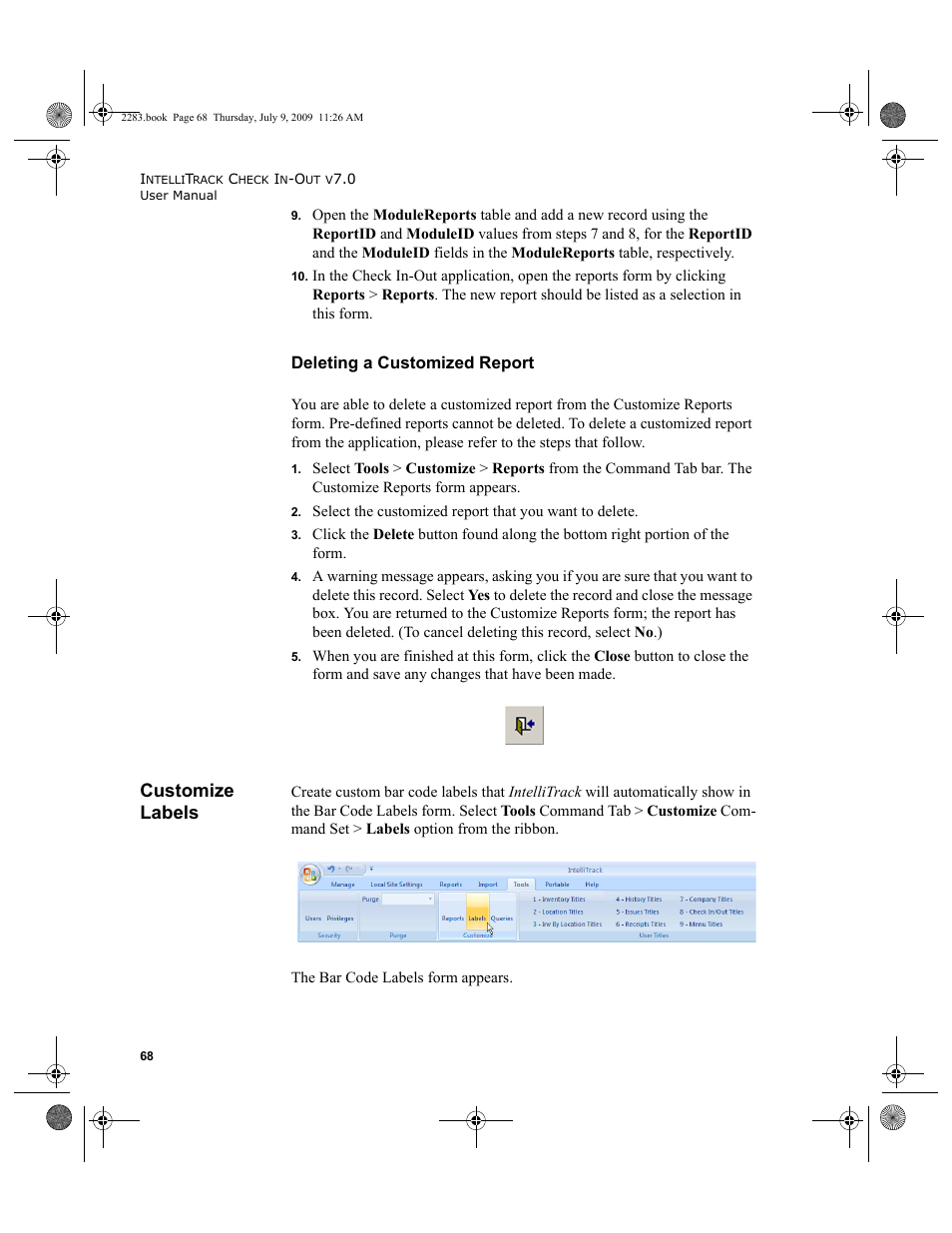 Customize labels, Deleting a customized report, Customize labels 68 | IntelliTrack Check In/Out User Manual | Page 96 / 474