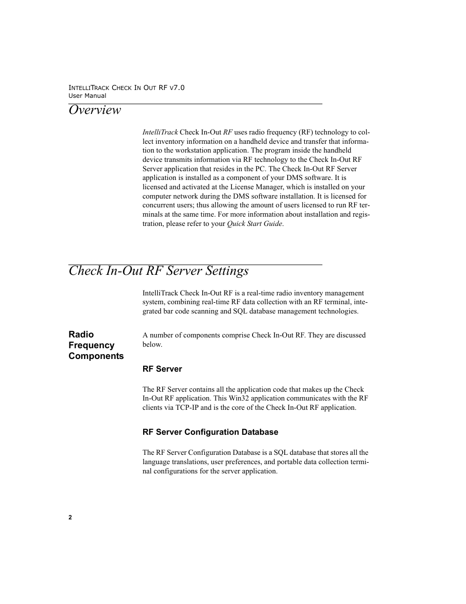 Overview, Check in-out rf server settings, Radio frequency components | Overview check in-out rf server settings, Rf server rf server configuration database, Overview 2, Check in-out rf server settings 2, Radio frequency components 2 | IntelliTrack Check In/Out User Manual | Page 12 / 78