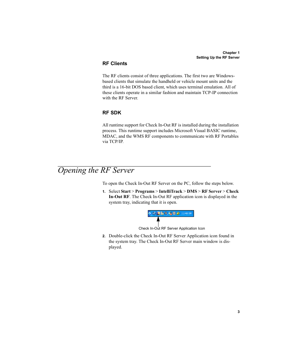 Opening the rf server, Rf clients rf sdk, Opening the rf server 3 | IntelliTrack Check In/Out User Manual | Page 13 / 78