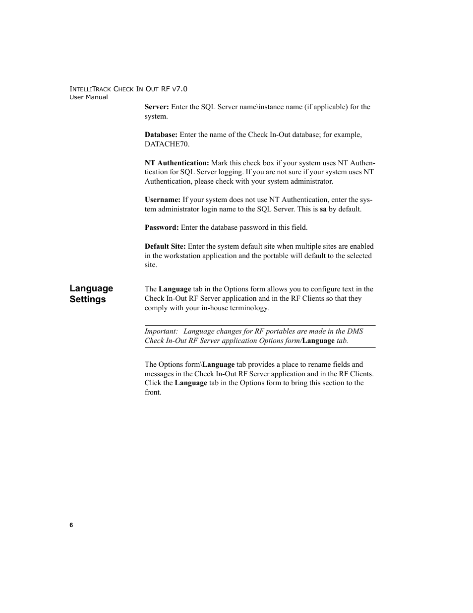 Language settings, Language settings 6 | IntelliTrack Check In/Out User Manual | Page 16 / 78