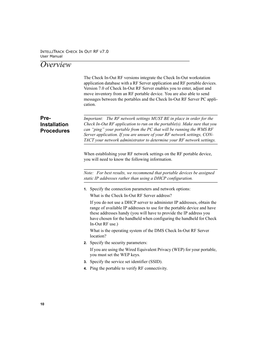 Overview, Pre- installation procedures, Pre-installation procedures | Pre-installation procedures 10 | IntelliTrack Check In/Out User Manual | Page 20 / 78