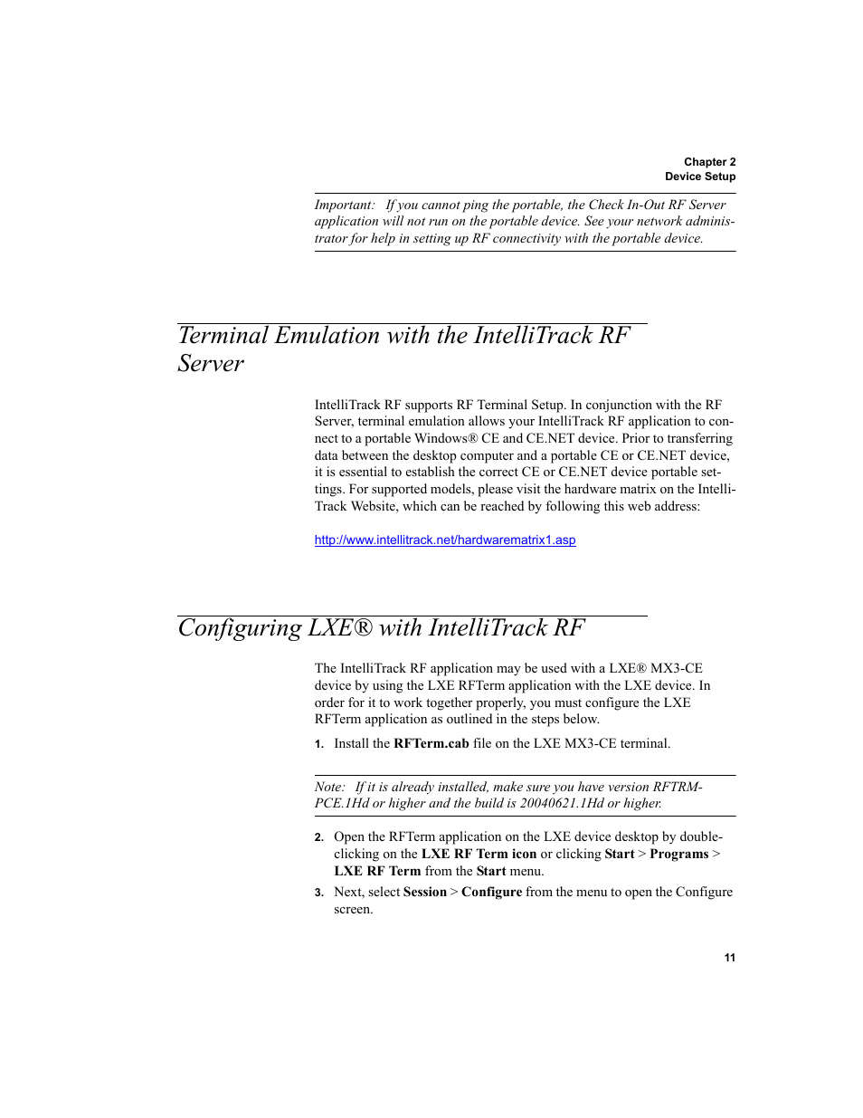 Terminal emulation with the intellitrack rf server, Configuring lxe® with intellitrack rf, Terminal emulation with the intellitrack rf | Server 11, Configuring lxe® with intellitrack rf 11 | IntelliTrack Check In/Out User Manual | Page 21 / 78