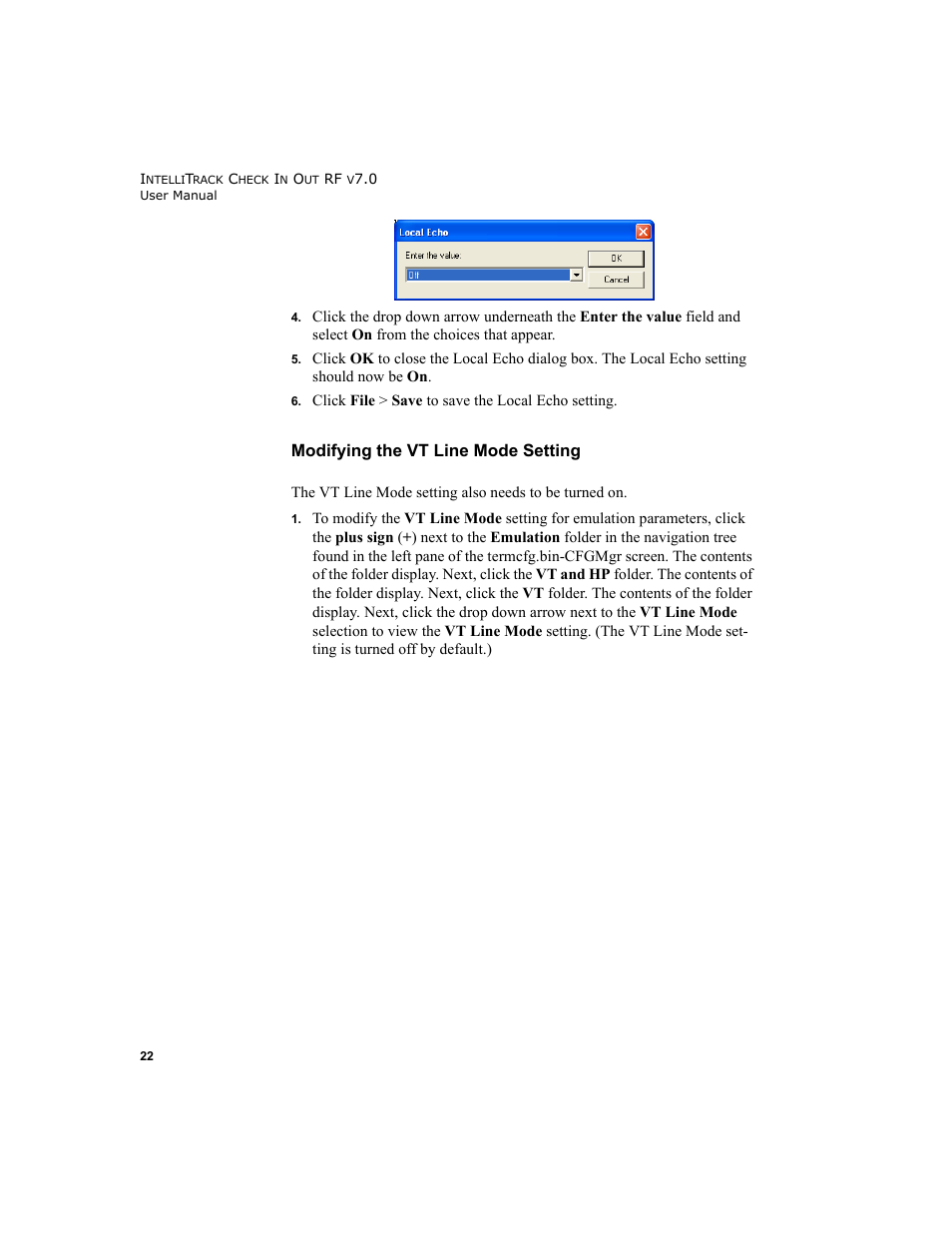 Modifying the vt line mode setting | IntelliTrack Check In/Out User Manual | Page 32 / 78