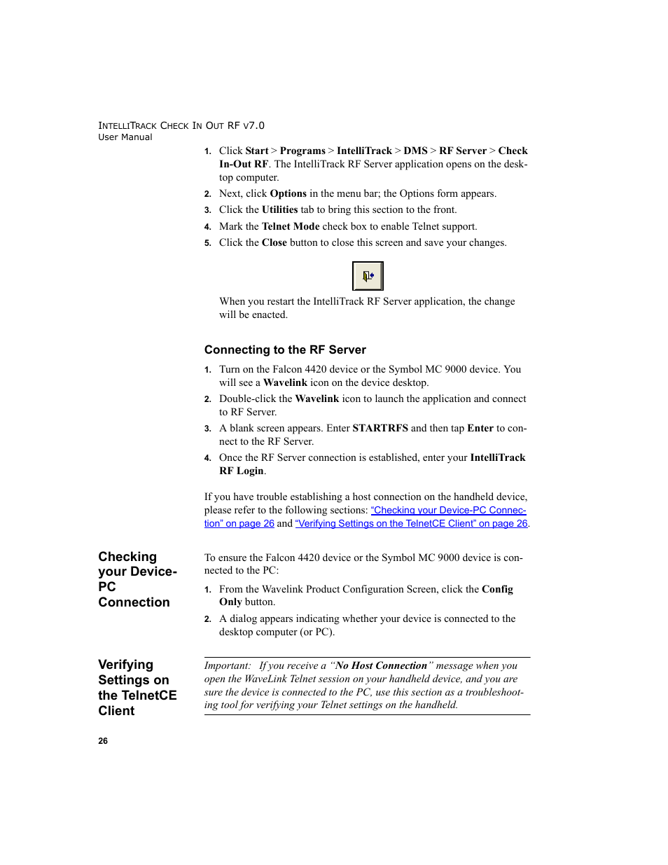 Checking your device- pc connection, Verifying settings on the telnetce client, Connecting to the rf server | Checking your device-pc connection 26, Verifying settings on the telnetce client 26 | IntelliTrack Check In/Out User Manual | Page 36 / 78