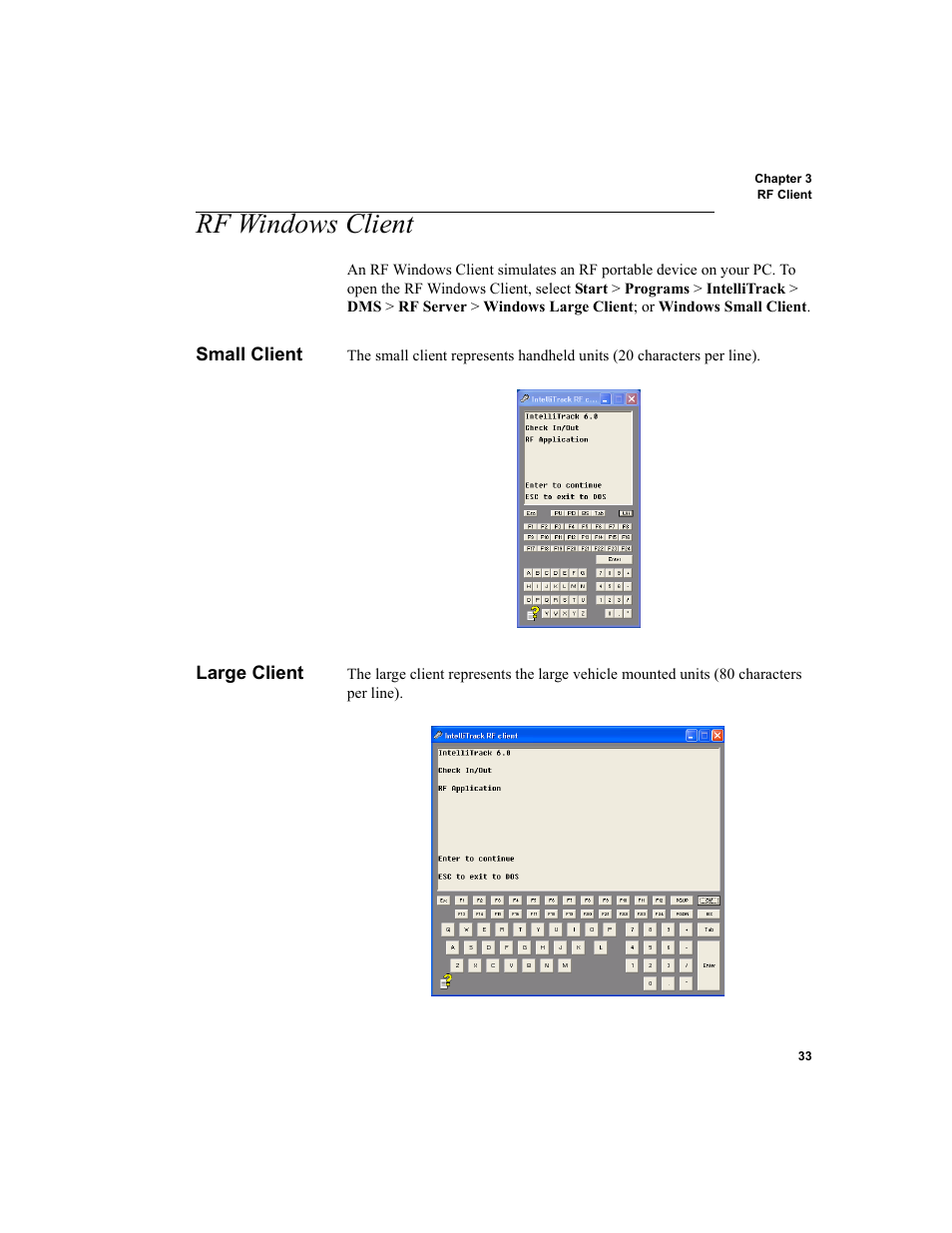 Rf windows client, Small client, Large client | Small client large client, Small client 33, Large client 33 | IntelliTrack Check In/Out User Manual | Page 43 / 78