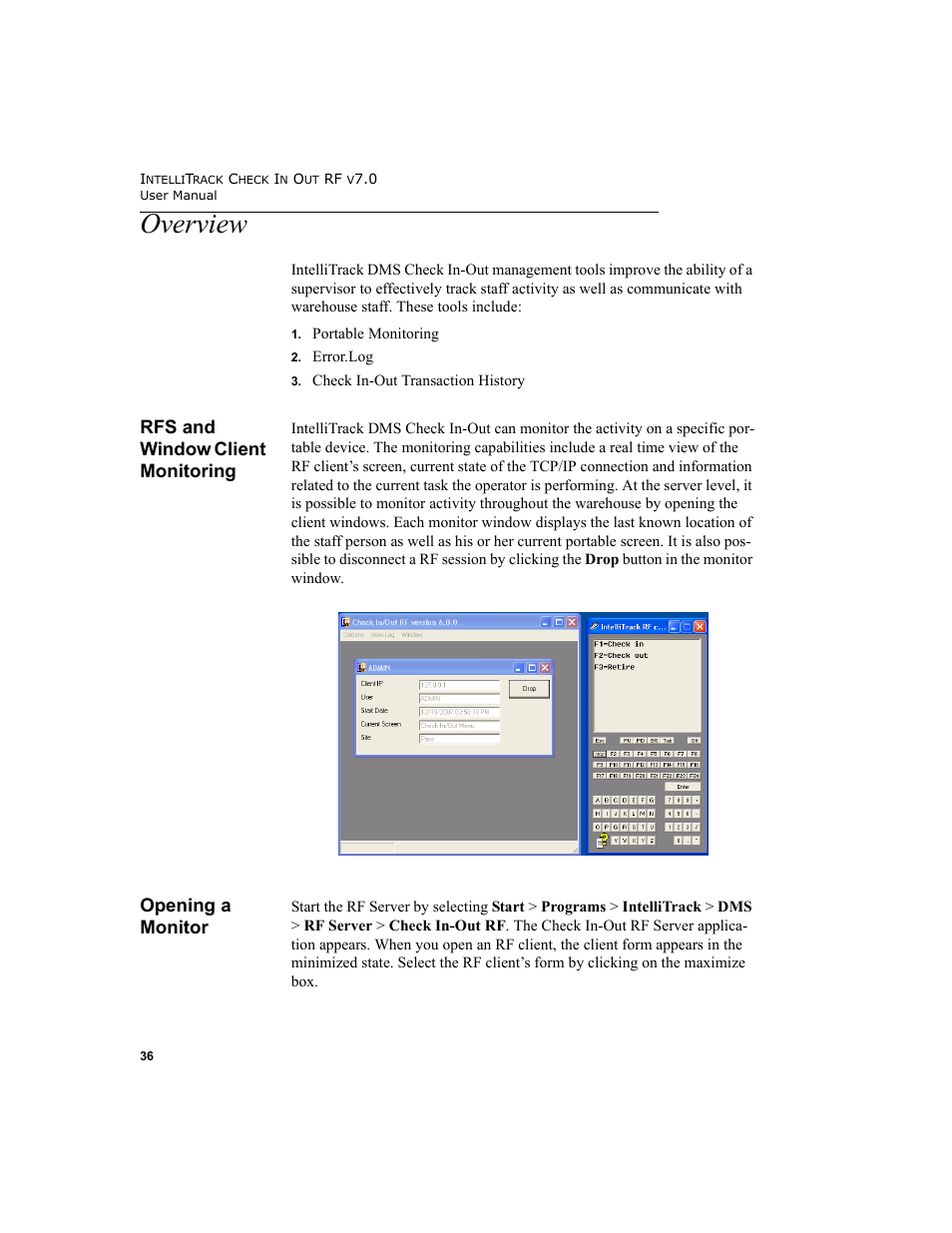 Overview, Rfs and window client monitoring, Opening a monitor | Rfs and window client monitoring opening a monitor, Rfs and window client monitoring 36, Opening a monitor 36 | IntelliTrack Check In/Out User Manual | Page 46 / 78