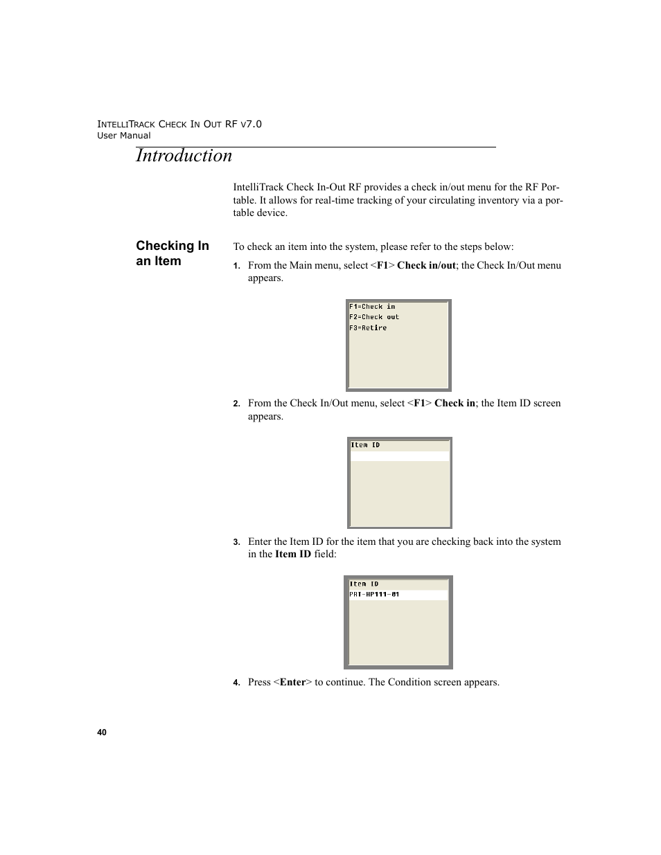 Introduction, Checking in an item, Checking in an item 40 | IntelliTrack Check In/Out User Manual | Page 50 / 78