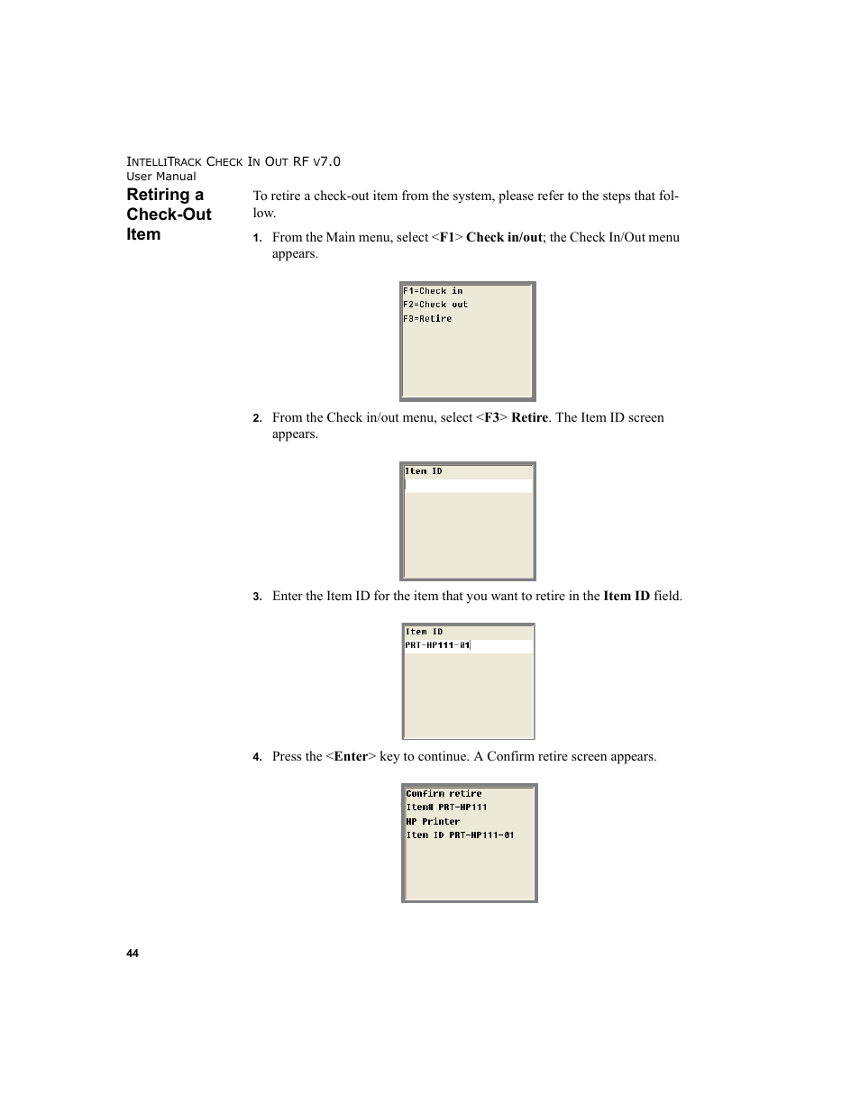 Retiring a check-out item, Retiring a check-out item 44 | IntelliTrack Check In/Out User Manual | Page 54 / 78