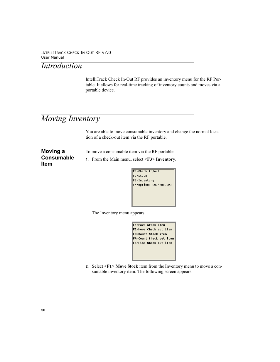 Introduction, Moving inventory, Moving a consumable item | Introduction moving inventory, Moving a consumable item 56 | IntelliTrack Check In/Out User Manual | Page 66 / 78