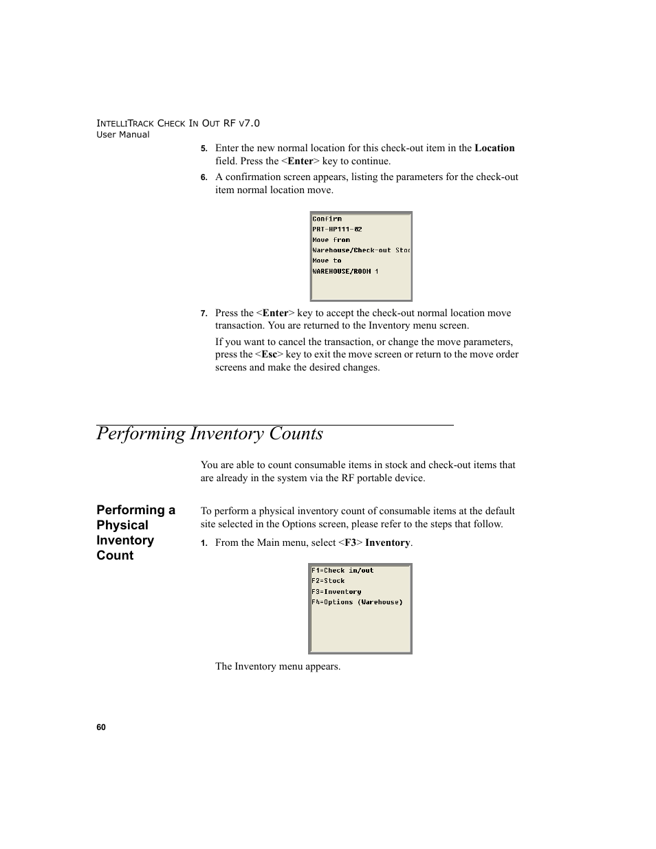 Performing inventory counts, Performing a physical inventory count, Performing a physical inventory count 60 | IntelliTrack Check In/Out User Manual | Page 70 / 78