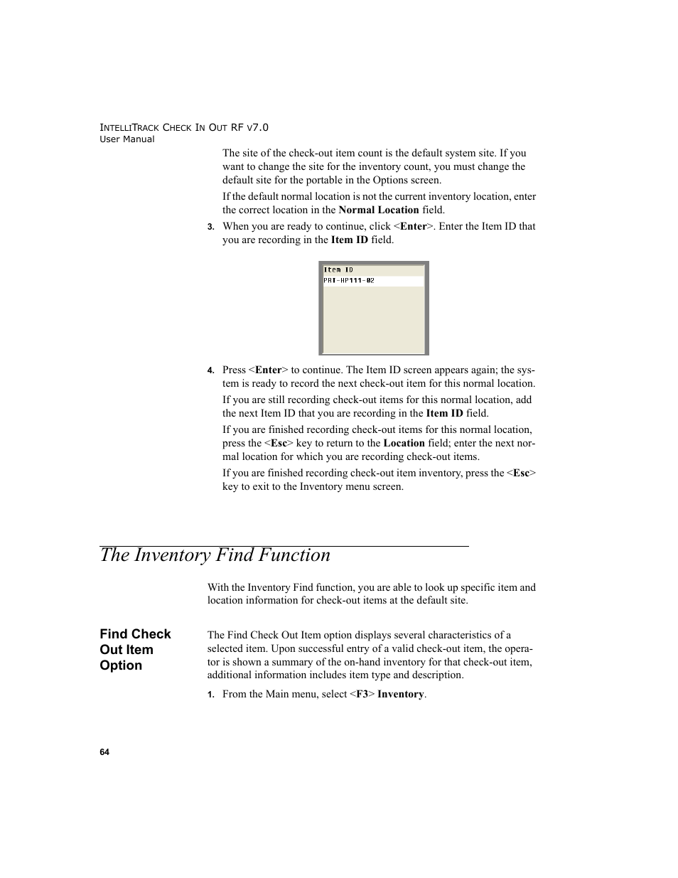 The inventory find function, Find check out item option, Find check out item option 64 | IntelliTrack Check In/Out User Manual | Page 74 / 78