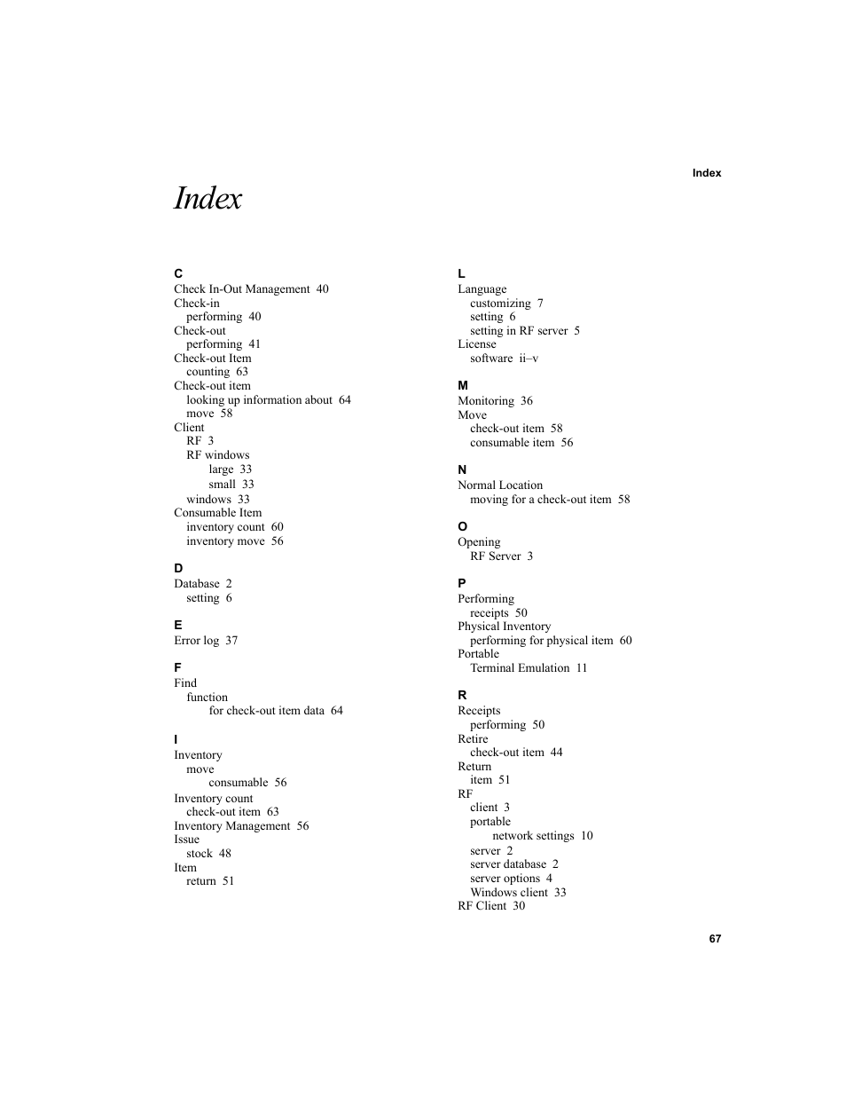 Index | IntelliTrack Check In/Out User Manual | Page 77 / 78