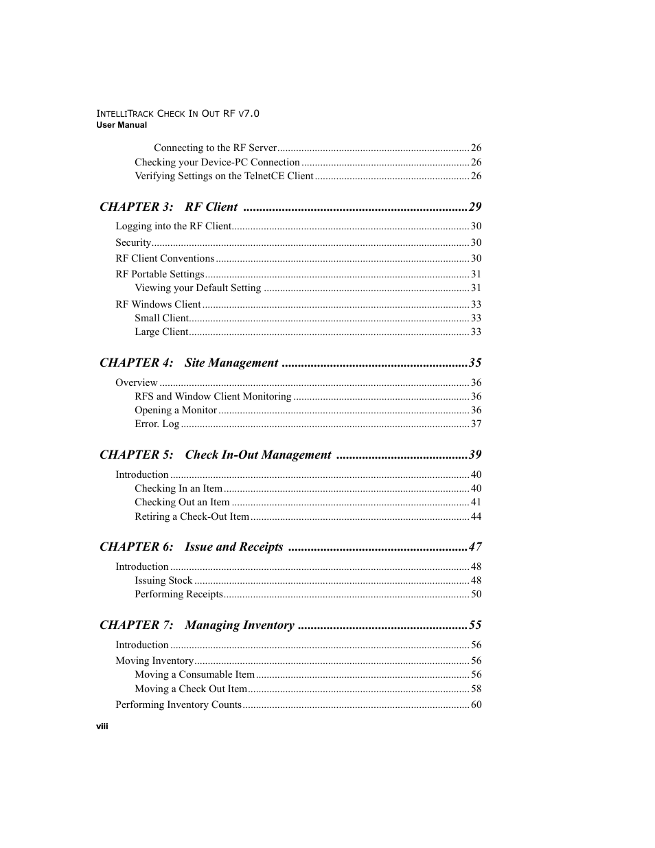 Chapter 3: rf client, Chapter 4: site management, Chapter 5: check in-out management | Chapter 6: issue and receipts, Chapter 7: managing inventory | IntelliTrack Check In/Out User Manual | Page 8 / 78