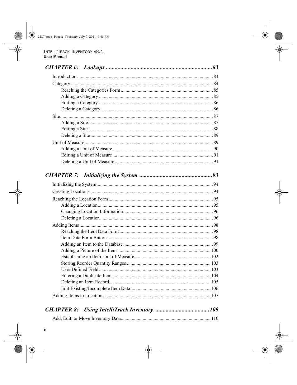 Chapter 6: lookups, Chapter 7: initializing the system, Chapter 8: using intellitrack inventory | IntelliTrack Inventory Management User Manual | Page 10 / 366