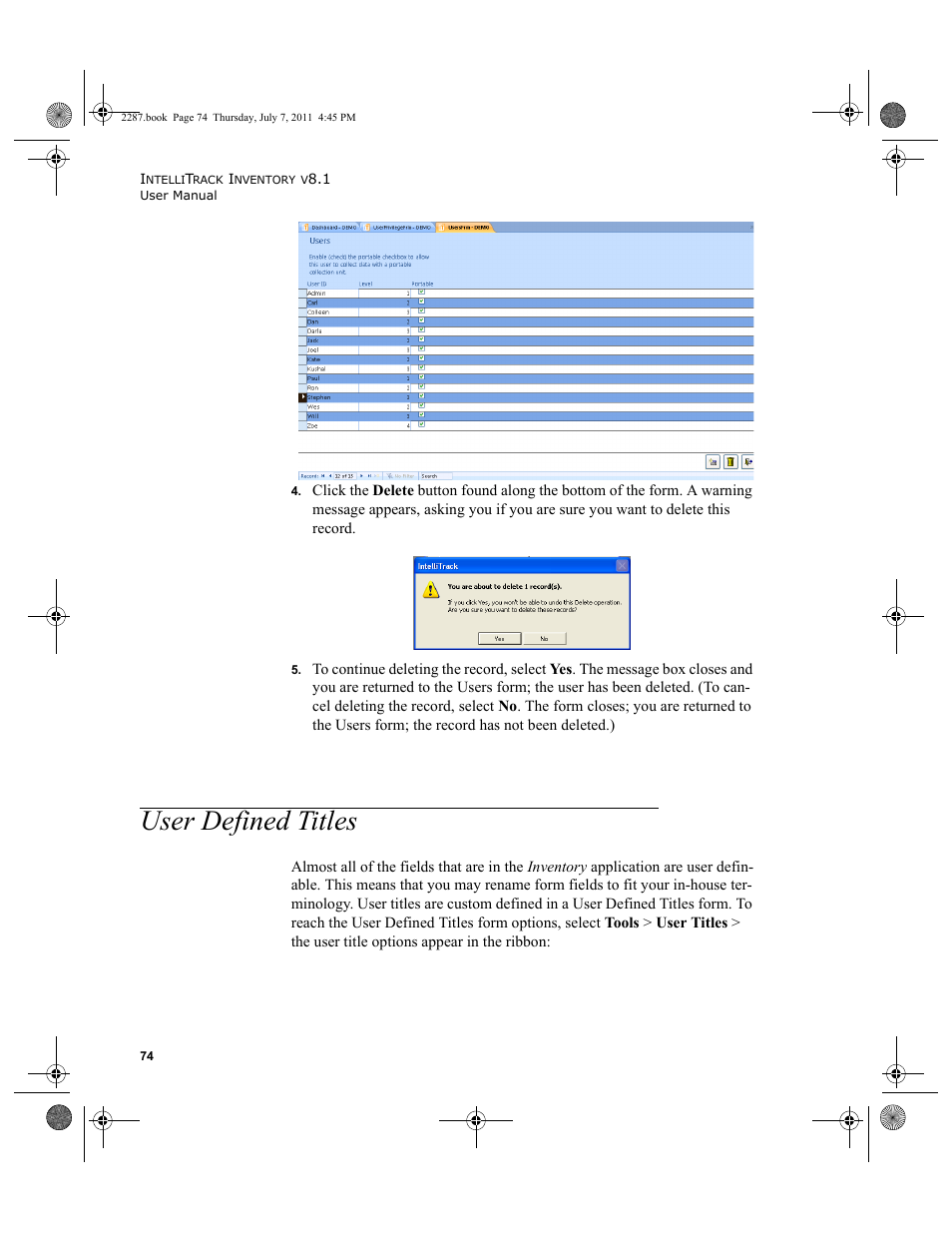 User defined titles | IntelliTrack Inventory Management User Manual | Page 100 / 366